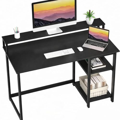 Image of Study Table with Monitor Stand| Small Home Office Desk with Ergonomic Monitor Stand| Reversible Computer Desk| Modern Study Desk| Laptop Desk| Black| 150x60x75 CM