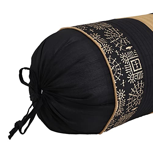Image of Gifts Island Set of 2 Polyester Silk Traditional Hand-Block Printed & Striped Bolster Covers (Black)