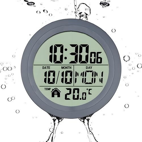 Lancoon Reloj Digital de Ducha con Pantalla LCD, Impermeable Decoración de Pared Silenciosa, Ventosa con 4 Ventosas, Muestra la Hora Temperatura Fecha Día de la Semana para Baño Dormitorio