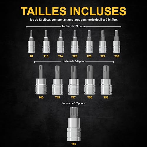 LEXIVON Coffret Douille Torx Male | Set de 13 douille etoile T8 à T60 | Embouts Torx avec entraînement 1/4", 3/8", 1/2" pour clés dynamométriques et perceuses (LX-143) – vue 6