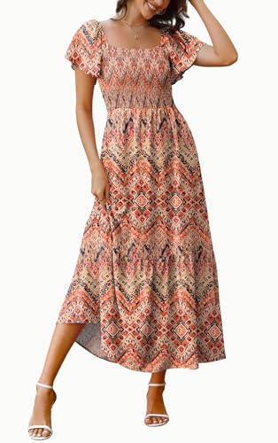 Image of OFEEFAN Summer Dresses for Women Square Neck Ruffle Sleeve Smocked Maxi Dress with Pockets