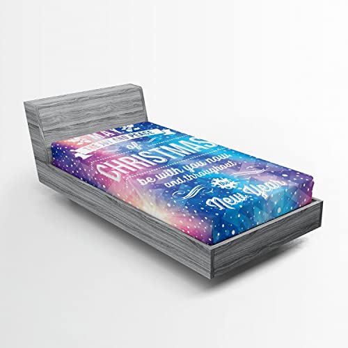 Ambesonne Christmas Fitted Sheet, Polygonal Abstract Dotted Backdrop Happy New Year Celebration Words Joy and Peace, Soft Decorative Fabric Bedding All-Round Elastic Pocket, Twin Size, Purple Blue