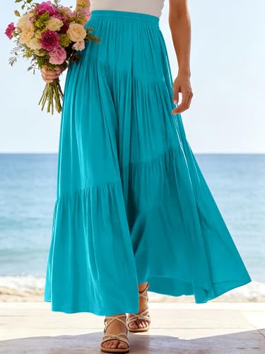 Image of ANRABESS Women's Boho Elastic High Waist Pleated A-Line Flowy Swing Asymmetric Tiered Maxi Long Skirt Dress with Pockets