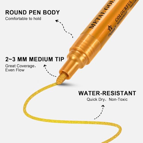 Image of IVSUN Metallic Markers, 18 Colors Glitter Acrylic Gold Paint Pens | Super Golden Markers for Black Paper, Rock, Glass, Wood, Scrapbooking, Photo Albums, Card Making, DIY Crafts Supplies
