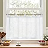 TOPICK Sheer Scheibengardinen mit Schlaufen lichtdurchlässig Bistrogadine Landhaus Leinenoptik Voile Küchenvorhang Küchengardinen Paarig für Wohnzimmer 1er Set H60 x B90(cm) Klein Fenster Weiß