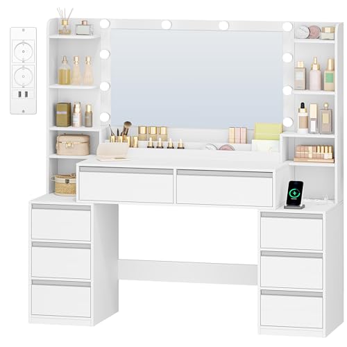 HEXCELEN 135 cm Tocador Grande, Tocador de Maquillaje con Luz LED, Grande Espejo, Mesa de Maquillaje con Prácticas Tomas de Corriente, 8 Cajones, Estantes Abiertos Mesa, Blanco-Plata