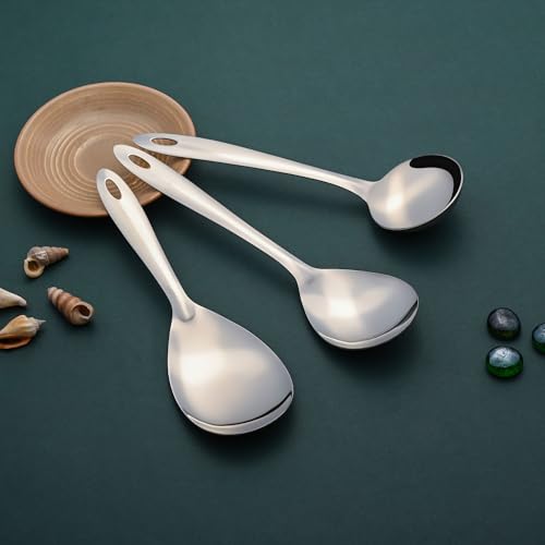 Image of Montavo by FnS 3 Pieces Stainless Steel Serving Tools Set | 1 Rice Spoon, 1 Soup Ladle (Karchi) & 1 Veg Serving Spoon | Premium Serving Utensils for Home, Kitchen, Dining, Restaurant & Hotel