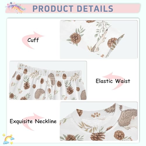 Pajama Sets Long Sleeve Hedgehog Pinecone Leaves Pattern Soft Comfy Sleepwear 2 Piece PJS 3-8T4