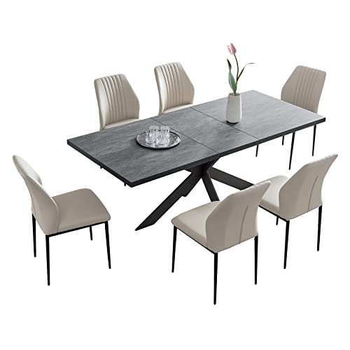 jiexi Mesas de comedor para 6 a 8 personas, mesa de comedor expandible, marco de metal, mesa de comedor rectangular de cocina para oficina en casa (mesa + 6 sillas beiges) Cover