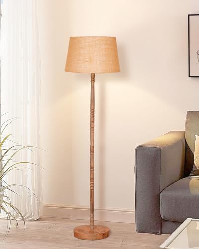 Image of Homesake Mid Century Modern Floor Lamp for Living Room | Hand Turned | Corner Lamp for Living Room, Stand Lamp with Fabric Lampshade for Bedroom, Study Room and Office, (Off-White)
