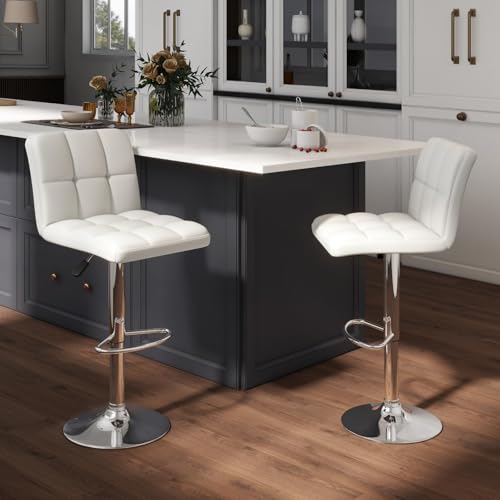 Butacos giratorios ajustables en altura, set de 4, con respaldo y reposapiés, tapizados en cuero sintético PU, base metálica, para isla de cocina (blanco) miniatura 7