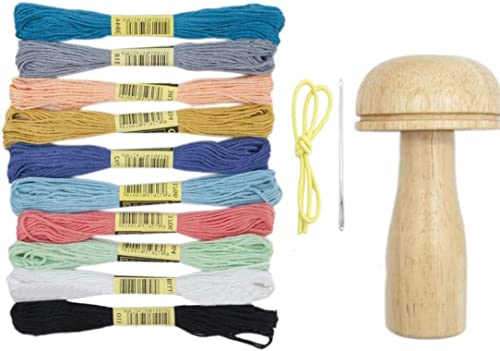 zalati Darning Mushroom Kits with 10pcs Colors Threads Wooden Tool with Strong Handle & Gradual Curvature for Sewing Threads Socks Sweaters