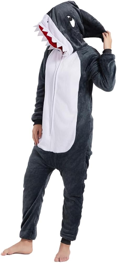 UVIPC Pijama mameluco de tiburón para adultos para disfraz de tiburón de dibujos animados, gris, azul, rosa, Halloween, cosplay, ropa de dormir