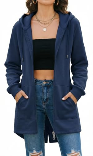 Image of Tuopuda Womens Long Hoodies Zip Up Plain Hoodie Long Sleeves Ladies Fleece Longline Hoodie Sweatshirts Casual Loose Hooded Coat Zipper Plus Size Tops Pullover Jacket with Pockets (Navy, L)