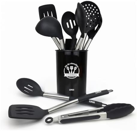 LUMAI Kit Utensílios de Cozinha Inox e Silicone 10 Peças e Suport...