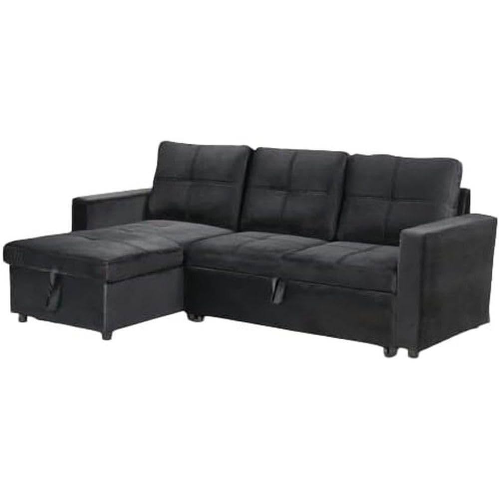 IBERA HOME Sofá Cama Chaise Longue PAU, 215x135cm - Diseño Moderno, Almacenamiento - Color Negro Terciopelo