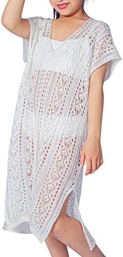 IDOWELA Solid Crochet Girls Swim Cover Up, Cute Beach Swimsuit Coverup for Girls 10-12 Years, White