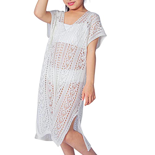 Idowela Solid Crochet Girls Swim Cover Up, Cute Beach Swimsuit Coverup For Girls 7-9 Years, White #TOP23