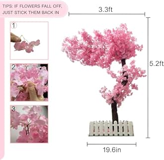 5ft Cherry Blossom Tree Artificial with Lights Faux Pink Artificial Flowers Handmade Fake Japanese Cherry Blossom Trees Decor for Indoor Outdoors