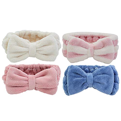 Simnice 4 Pack Microfiber Bowtie Headbands Facial Makeup Headband Wash Spa Yoga Sports Shower Adjustable Elastic Cosmetic Bowknot Hair Band for Girls and Women