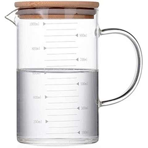KINNOSE Graduated Beaker Mug with Handle and Durable Bamboo Lid Borosilicate Glass Multi-Function Food Grade Measuring Cup 1000ML Cover