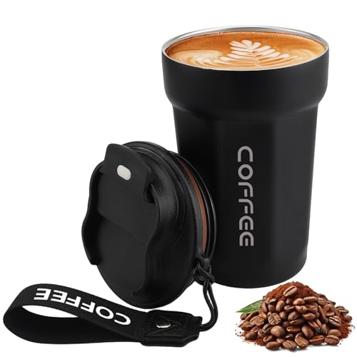 Lrocotanc Taza de Café Para Llevar - Termo de Acero Inoxidable 450ml - Vaso Térmico para Café - Taza Aislante Al Vacío A Prueba de Fugas con Tapa - Coffee Mug (Negro)