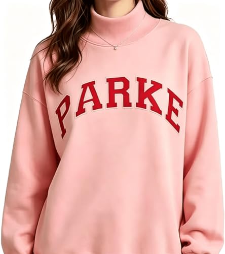 DDDTTFL 2026 New PARKE Embroidered Casual Sweatshirt – Unisex, Cotton, Loose & Slimming Fit, Versatile Style (Small,Pink With Red Text)