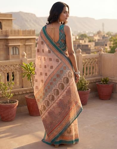 Image of SIRIL Women's Printed Cotton Linen One Minute Ready to Wear Saree With Unstitched Blouse Piece
