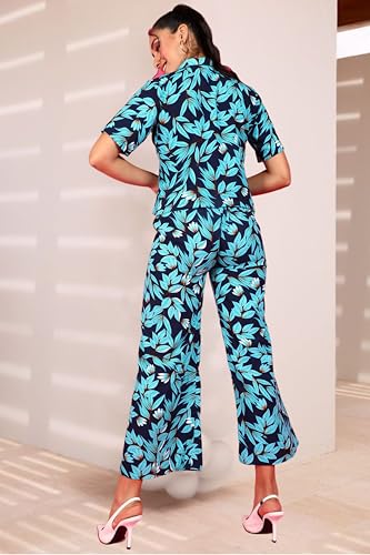 Image of POPWINGS Casual Floral Printed Monochrome Crop Shirt and Trouser Co-Ords Set for Women | Top and Bottom Set for Women |Printed Shirt and Trousers Set | Women Collar Shirt and Trousers Set Summer Wear