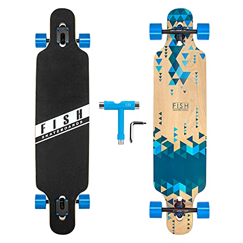 FISH SKATEBOARDS 41-Inch Downhill Longboard Skateboard Through Deck 8 Ply Canadian Maple, Complete Cruiser, Free-Style