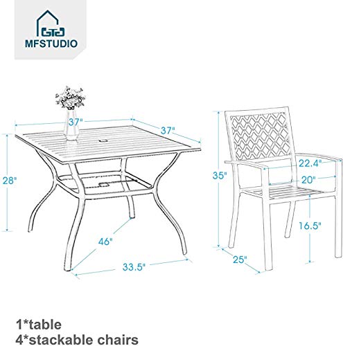 Phi Villa 5 Piece Metal Patio Dining Set, Outdoor Furniture Set With 4 Stackable Chairs And 37" Square Dining Table - Umbrella Hole 1.57" #TOP5