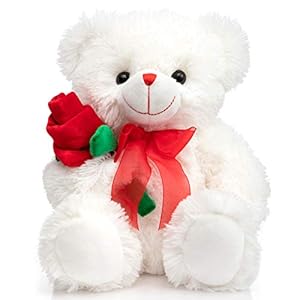 HollyHOME Teddy Bear Stuffed Animal Rose Bear with Red Bow Soft Plush Toy Holiday Toy Gift 12 Inches White