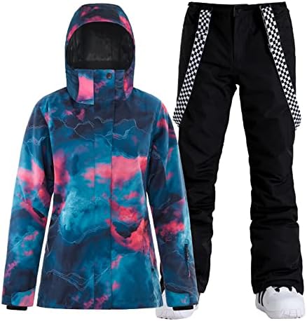 GSOU SNOW Womens Ski Jacket and Pants Snowboarding Snowsuit Coat Warm Winter Hooded Waterproof Windproof,Blue black,XL