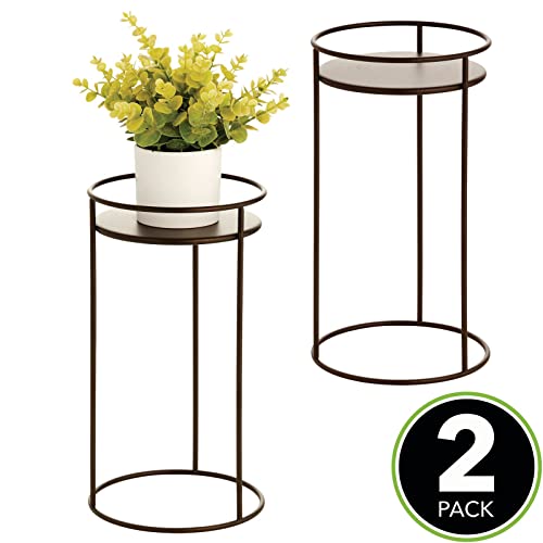 Mdesign Metal 15-Inch Tall Circular Plant Stand, Planter Holder Contemporary Design Round Tray For Table, Garden; Holds Indoor/Outdoor Plants, Flower Pot - Concerto Collection - 2 Pack - Bronze #TOP1