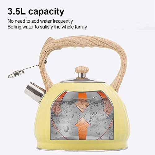 Tea Kettle, 3.7 Quart (3.5-Liter) Teapot For Stovetops Wood Pattern Handle With Loud Whistle Food Grade Stainless Steel Tea Pot Water Kettle (Yellow) #TOP3