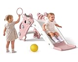 Babytronic Toddler Slide Indoor & Outdoor Playground, 4-in-1 Baby Slide with Climber, Basketball Hoop & Ring Toss, Foldable Freestanding Kids Slide, Climber Playset for Toddlers Ages 1-3, Pink