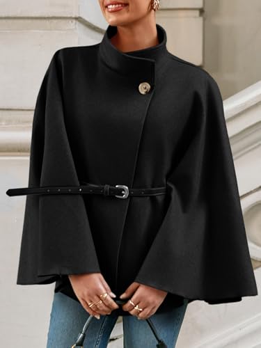 Cicy Bell Womens Batwing Sleeve Poncho Pea Coats Oversized Belted Trendy Casual Stand Collar Cloak Cape Coats3
