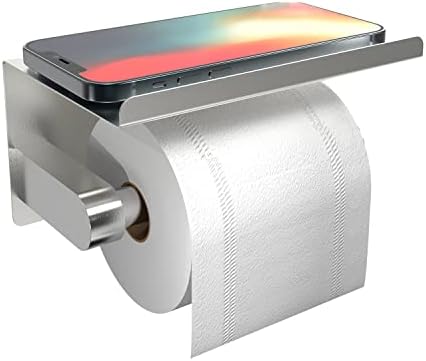 Self Adhesive Toilet Paper Holder with Phone Shelf, Screw-in Wall Mounted Toilet Paper Roll Holder, Rustproof Bathroom Washroom Tissue Roll Holder with Shelf, Toilet Paper Roll Dispenser- Silver