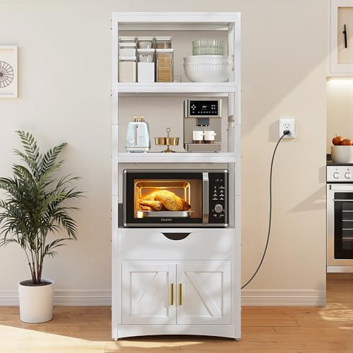VECELO 3-Tier Microwave Stand with Charging Station, Freestanding Farmhouse Kitchen Rack for 1.0 Cu.Ft. Oven, Coffee Bar Cabinet with Drawer & Storage Shelves, White