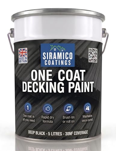 SIRAMICO COATINGS One Coat Anti-Slip Decking Paint | 5 Litres | 7 Luxury Colours I Mould & UV Resistant Formula | White - Grey - Sage Green - Black - Brick Red (BLACK)