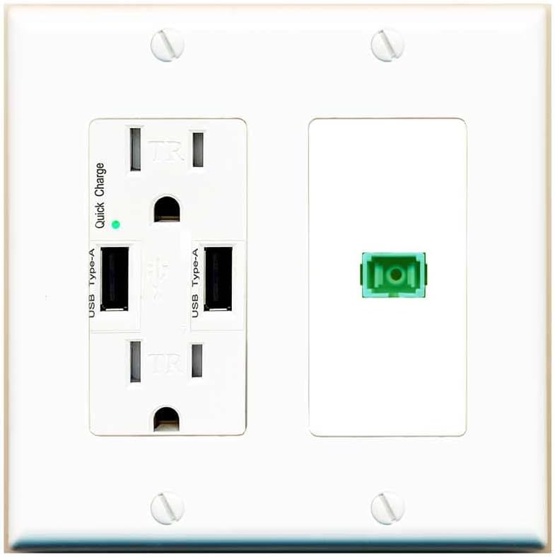 RiteAV 1 Port Fiber Optic Coupler Jack SC Simplex Singlemode APC Wall Plate - USB Charger Outlet [Stainless/Black]