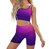 Beautiful Purple Bling Glitter Sparkles Pattern Workout Sets for Women Crop Tops Leggings Matching 2 Pieces Outfits Two Piece Yoga Workout Outfits