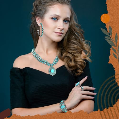 Image of Ecally Bohemian Western Jewelry Turquoise Set Women Country Pendant Long Choker Layered Bracelets Earrings Ring for Women