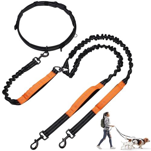 Trivlpet Hands Free Dog Leash for 2 Dogs, Waist Leash with Double Bungees Shock Absorbing, Dog Leash Waist Belt Adjustable with 3 Padded Handles for Walking Jogging Hiking, Reflective Knitted, Black