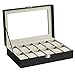 SONGMICS Watch Box, 12-Slot Watch Case with Large Glass Lid, Removable Watch Pillows, Watch Box Organizer, Gift for Loved Ones, Black Synthetic Leather, Christmas Gift, Greenish Beige Lining UJWB12BE
