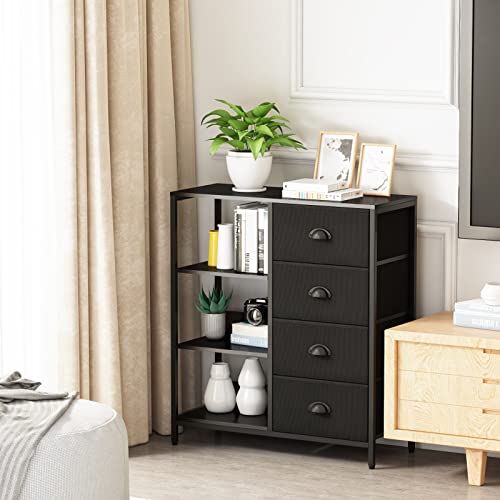 image for Furologee Fabric Dresser with 4 Drawers and Side Shelf,Industrial Ligh