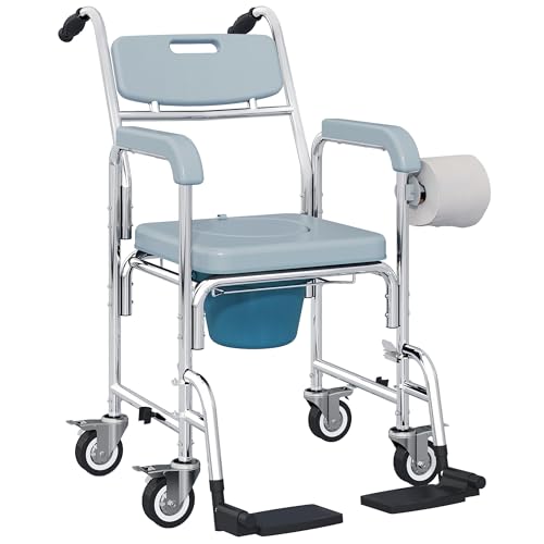 HOMCOM 4 in 1 Shower Chair with Wheels, Bedside Commode Wheelchair with Seat, Backrest, Arms, Shower Commode Chair for Seniors, Adults, Injured or Disabled, Grey