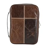 Brown Genuine Leather with Cross Stitch Zippered Bible Cover with Carrying Handle, Large Print