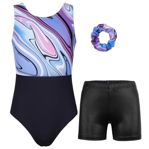 MODAFANS Gymnastics Leotards for Girls with Shorts Ballet Dance Set Activewear Multi-Marble,4-5Years
