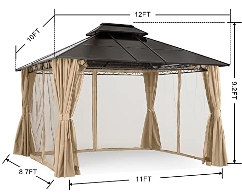 Cooshade 10×12 Hardtop Patio Gazebos Double Vent Waterproof Outdoor Gazebo With Curtains And Mosquito Netting (Khaki) #TOP3